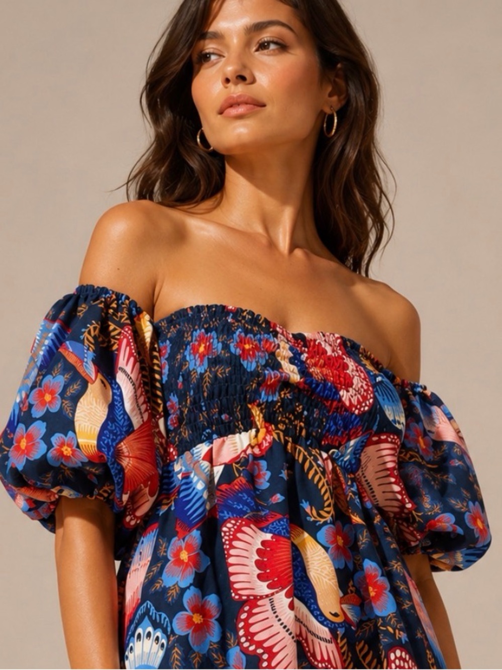 FARM RIO Tropical Bird Print Puff Sleeve Mini Dress Size L - Picture 6 of 12